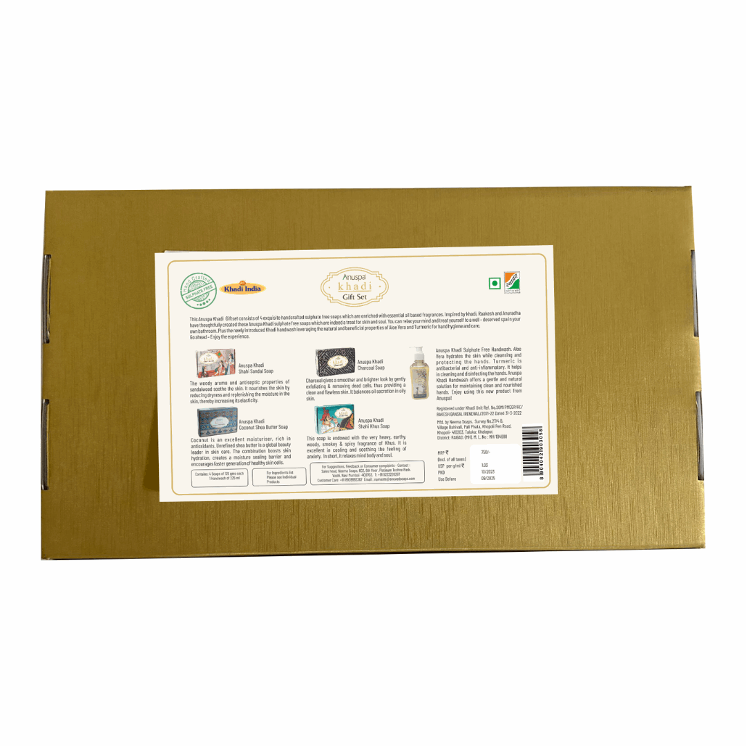 Anuspa Handcrafted Khadi Gift Set includes Shahi Khus, Shahi Sandal, Charcoal, Coconut Shea Butter and Sulphate Free Handwash.