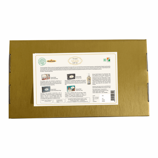 Anuspa Handcrafted Khadi Gift Set includes Shahi Khus, Shahi Sandal, Charcoal, Coconut Shea Butter and Sulphate Free Handwash.