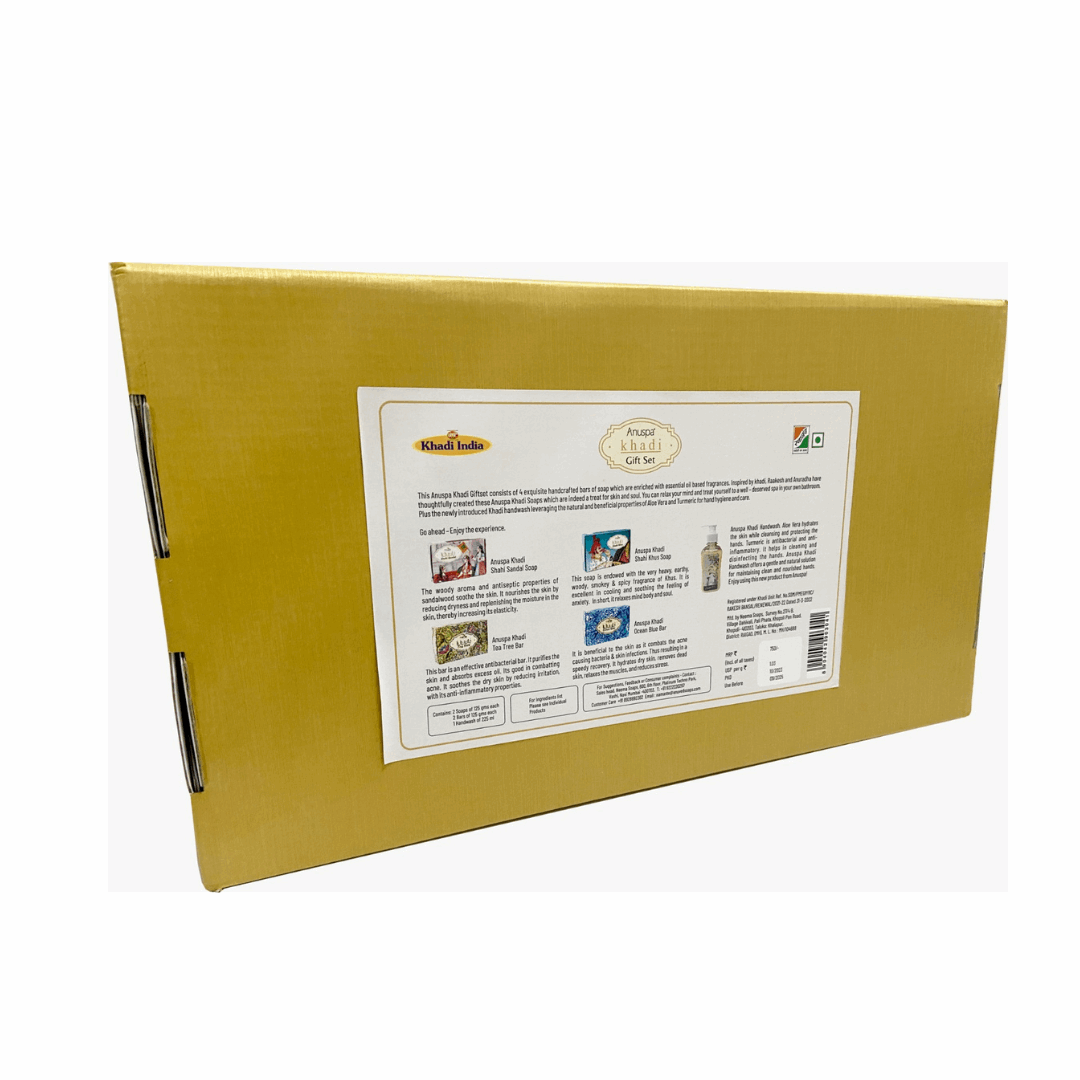 Anuspa Khadi Handcrafted Soaps Gift Set includes Shahi Khus, Shahi Sandal, Tea Tree, Ocean Blue and a Natural Anti-bacterial Handwash.