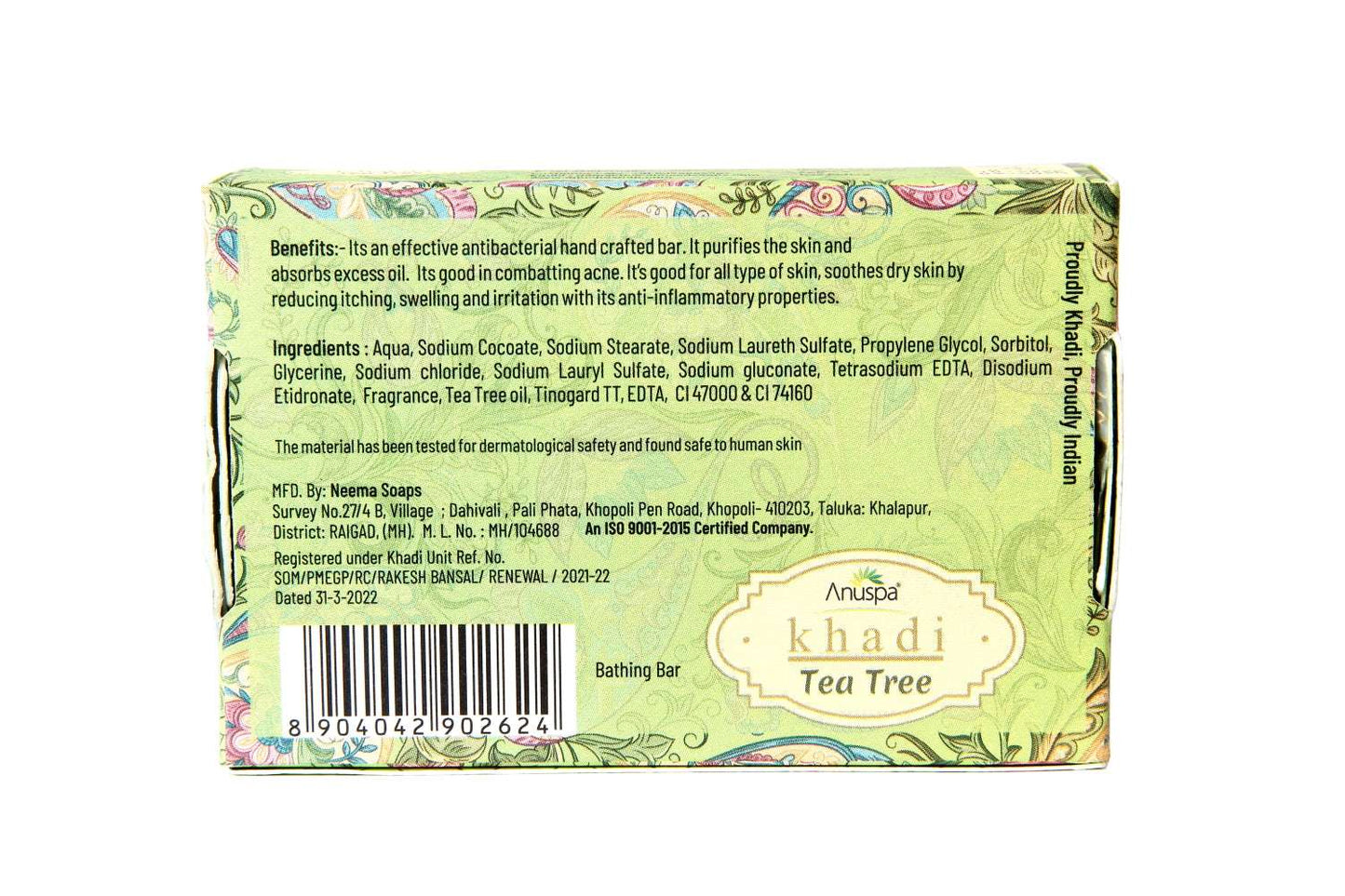 Anuspa Khadi Handcrafted Herbal Tea Tree Bathing Bar purifies the skin 125gms each (Pack of 6)