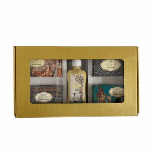 Anuspa Handcrafted Khadi Gift Set includes Shahi Khus, Shahi Sandal, Charcoal, Coconut Shea Butter and Sulphate Free Handwash.