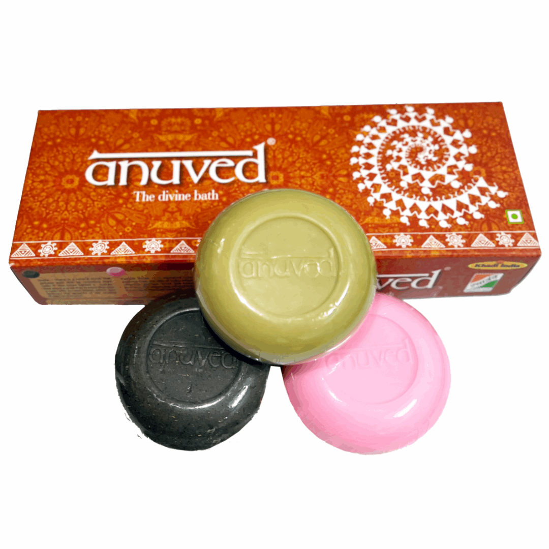Anuved Celebration Gift Set contains Utane [Ubtan], Chandanam [Sandalwood] & Pahadi Gulab [Rose] Herbal Soaps- 125g each (Set of 3)