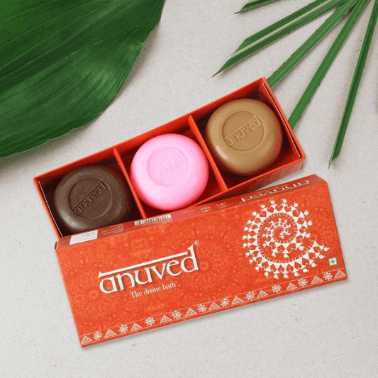 Anuved Celebration Gift Set contains Utane [Ubtan], Chandanam [Sandalwood] & Pahadi Gulab [Rose] Herbal Soaps- 125g each (Set of 3)