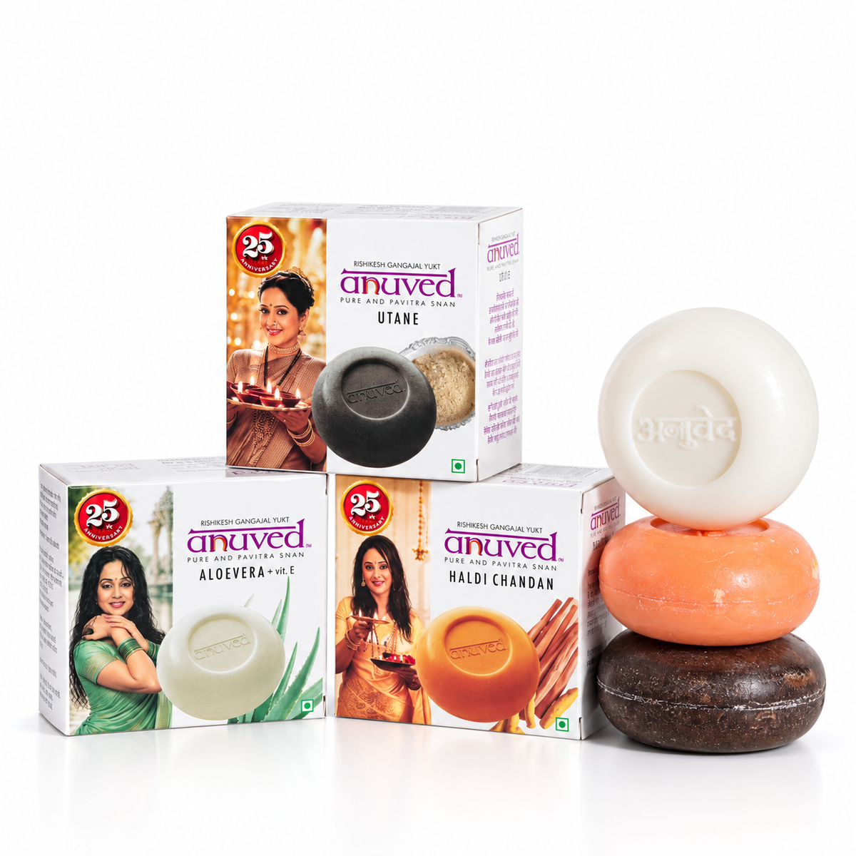 Anuved Nourishing Combo consists of Aloe Vera, Utane (Ubtan) and Haldi Chandan (Turmeric Sandal) soaps - 125g each (Pack of 3)