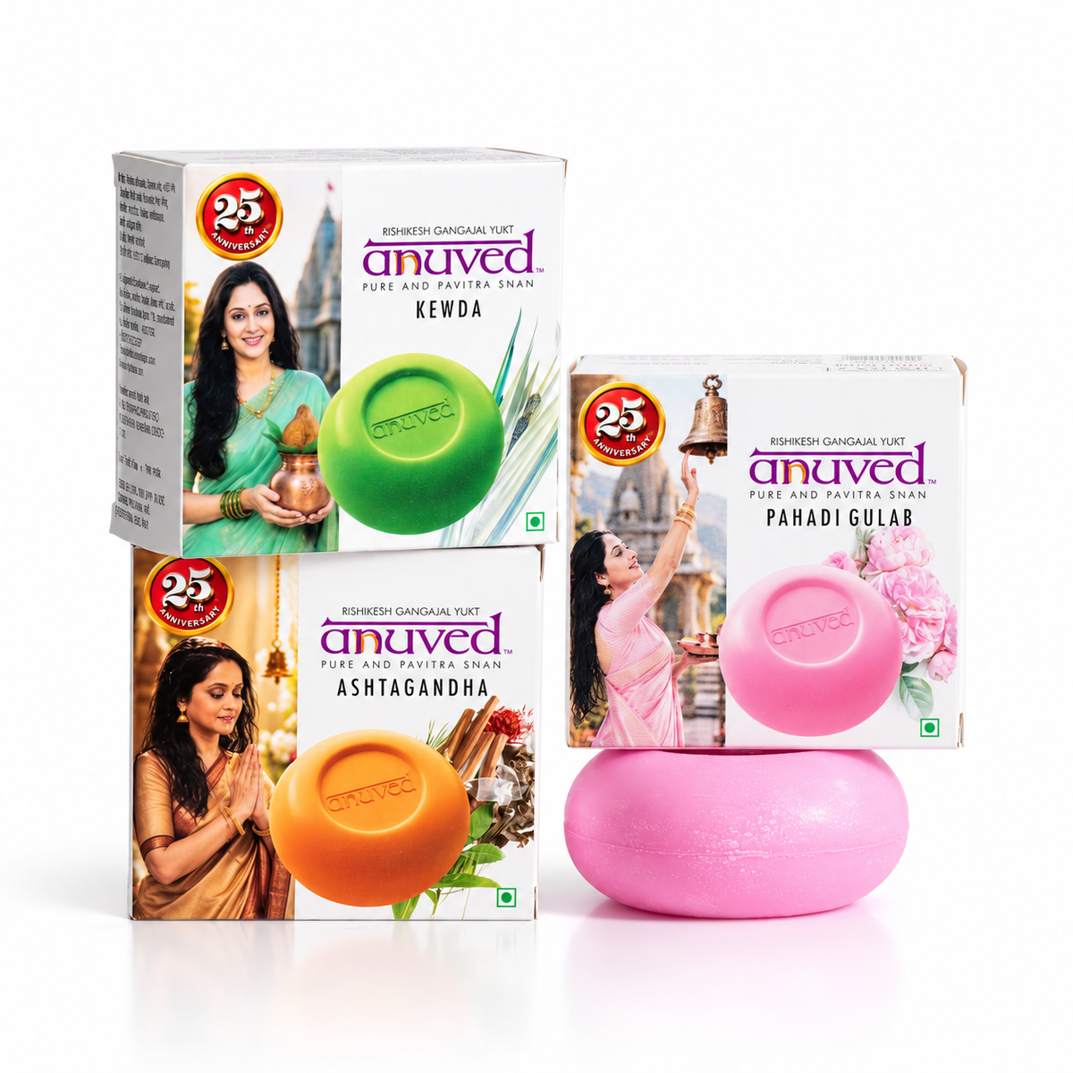 Anuved Fragrance Combo pack consists of Kewda [Fragrant Screw Pine], Ashtagandha (8 herbs), Pahadi Gulab [Rose] Soaps - 125g each (Pack of 3)