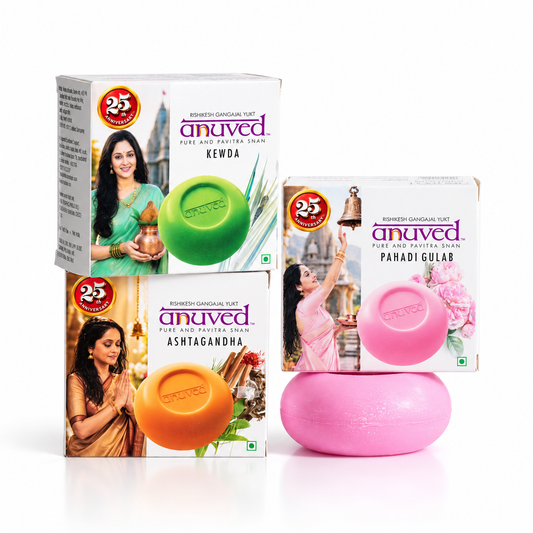 Anuved Fragrance Combo pack consists of Kewda [Fragrant Screw Pine], Ashtagandha (8 herbs), Pahadi Gulab [Rose] Soaps - 125g each (Pack of 3)