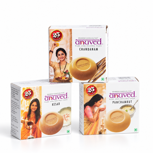 Anuved Moisturising Combo pack contains Chandanam [Sandalwood], Panchamrut & Kesar [Saffron] soaps - 125g each (Pack of 3)