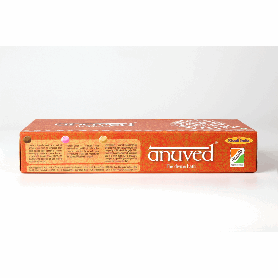 Anuved Celebration Gift Set contains Utane [Ubtan], Chandanam [Sandalwood] & Pahadi Gulab [Rose] Herbal Soaps- 125g each (Set of 3)