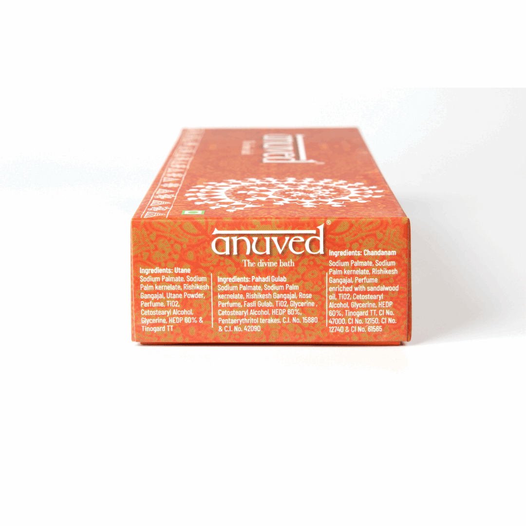 Anuved Celebration Gift Set contains Utane [Ubtan], Chandanam [Sandalwood] & Pahadi Gulab [Rose] Herbal Soaps- 125g each (Set of 3)