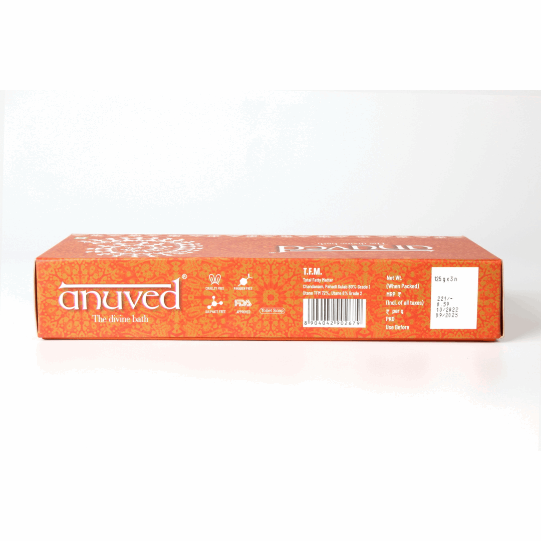 Anuved Celebration Gift Set contains Utane [Ubtan], Chandanam [Sandalwood] & Pahadi Gulab [Rose] Herbal Soaps- 125g each (Set of 3)