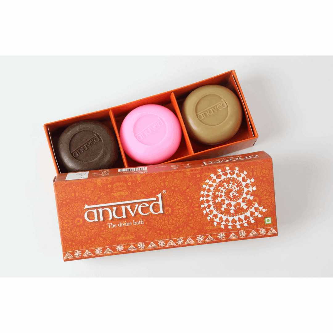 Anuved Celebration Gift Set contains Utane [Ubtan], Chandanam [Sandalwood] & Pahadi Gulab [Rose] Herbal Soaps- 125g each (Set of 3)