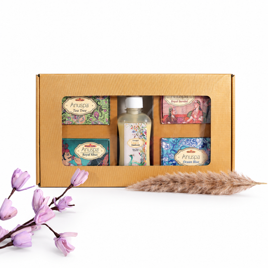 Anuspa Handcrafted Khadi Gift Set includes Royal Khus, Royal Sandal, Charcoal, Coconut Shea Butter and Sulphate Free Handwash.