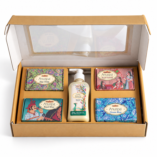 Anuspa Khadi Handcrafted Soaps Gift Set includes Royal Khus, Royal Sandal, Tea Tree, Ocean Blue and a Natural Anti-bacterial Handwash.