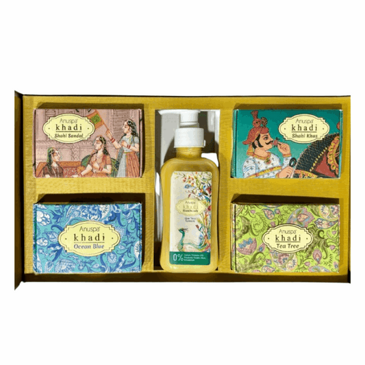 Anuspa Khadi Handcrafted Soaps Gift Set includes Shahi Khus, Shahi Sandal, Tea Tree, Ocean Blue and a Natural Anti-bacterial Handwash.