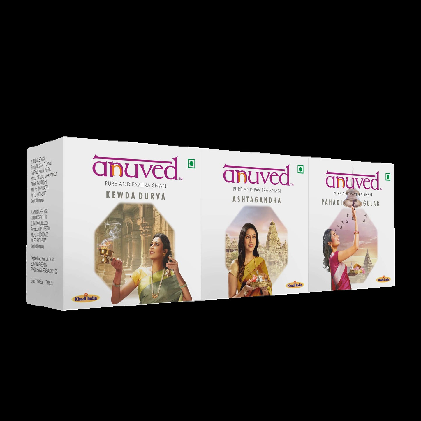 Anuved Fragrance Combo pack consists of Kewda [Fragrant Screw Pine], Ashtagandha (8 herbs), Pahadi Gulab [Rose] Soaps - 125g each (Pack of 3)