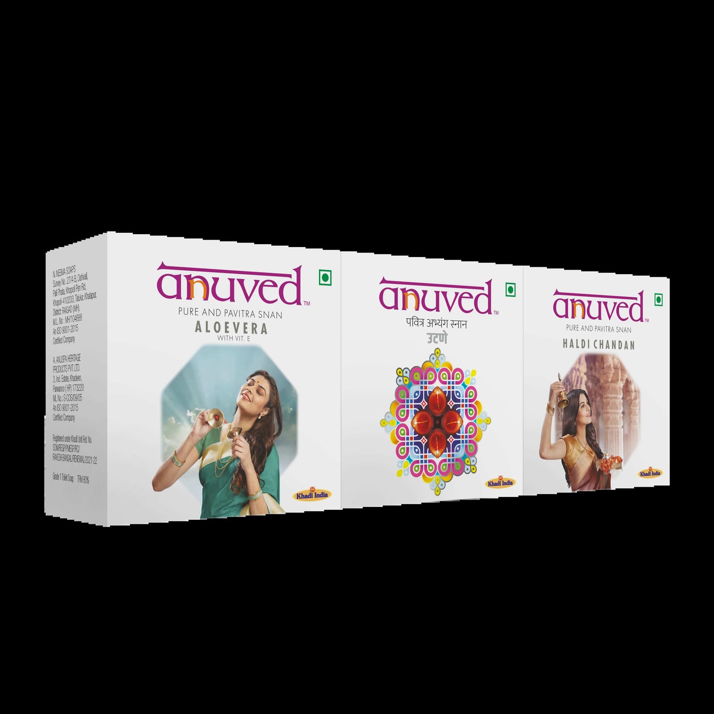 Anuved Nourishing Combo consists of Aloe Vera, Utane (Ubtan) and Haldi Chandan (Turmeric Sandal) soaps - 125g each (Pack of 3)