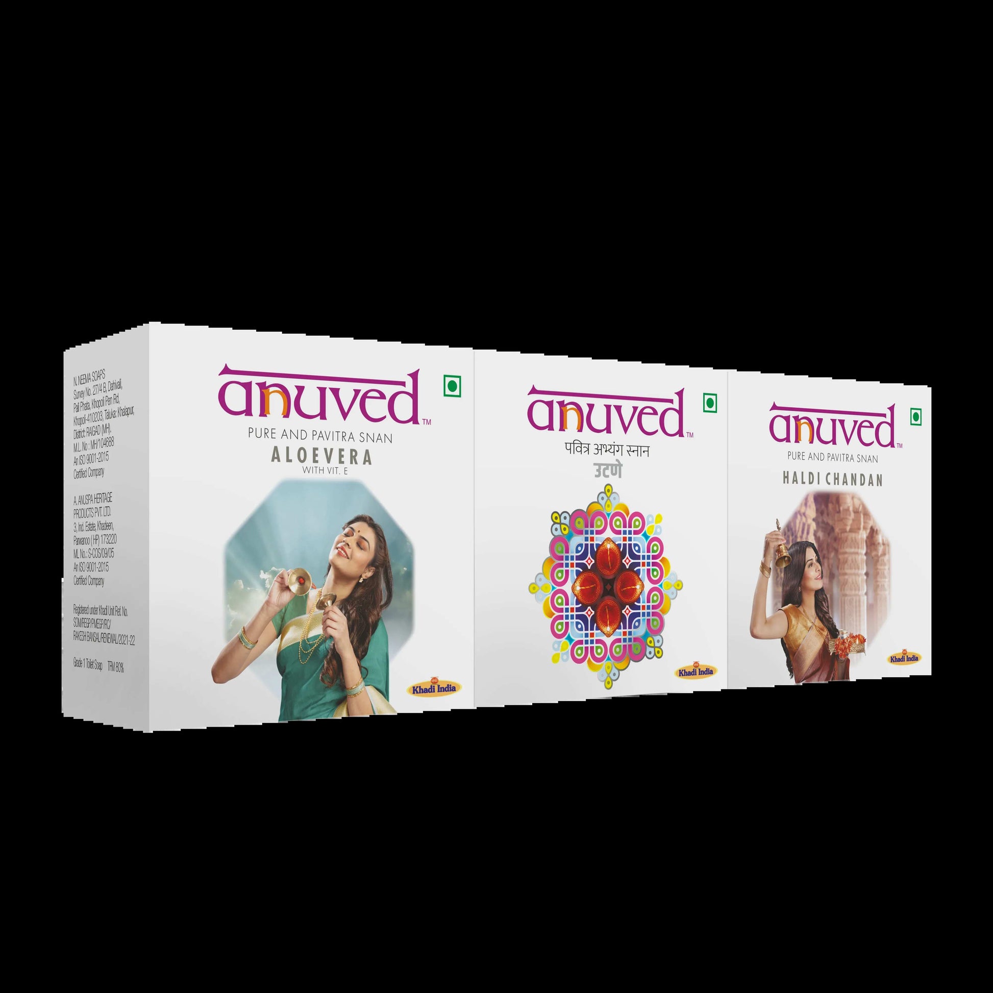 Anuved Nourishing Combo consists of Aloe Vera, Utane (Ubtan) and Haldi Chandan (Turmeric Sandal) soaps - 125g each (Pack of 3)