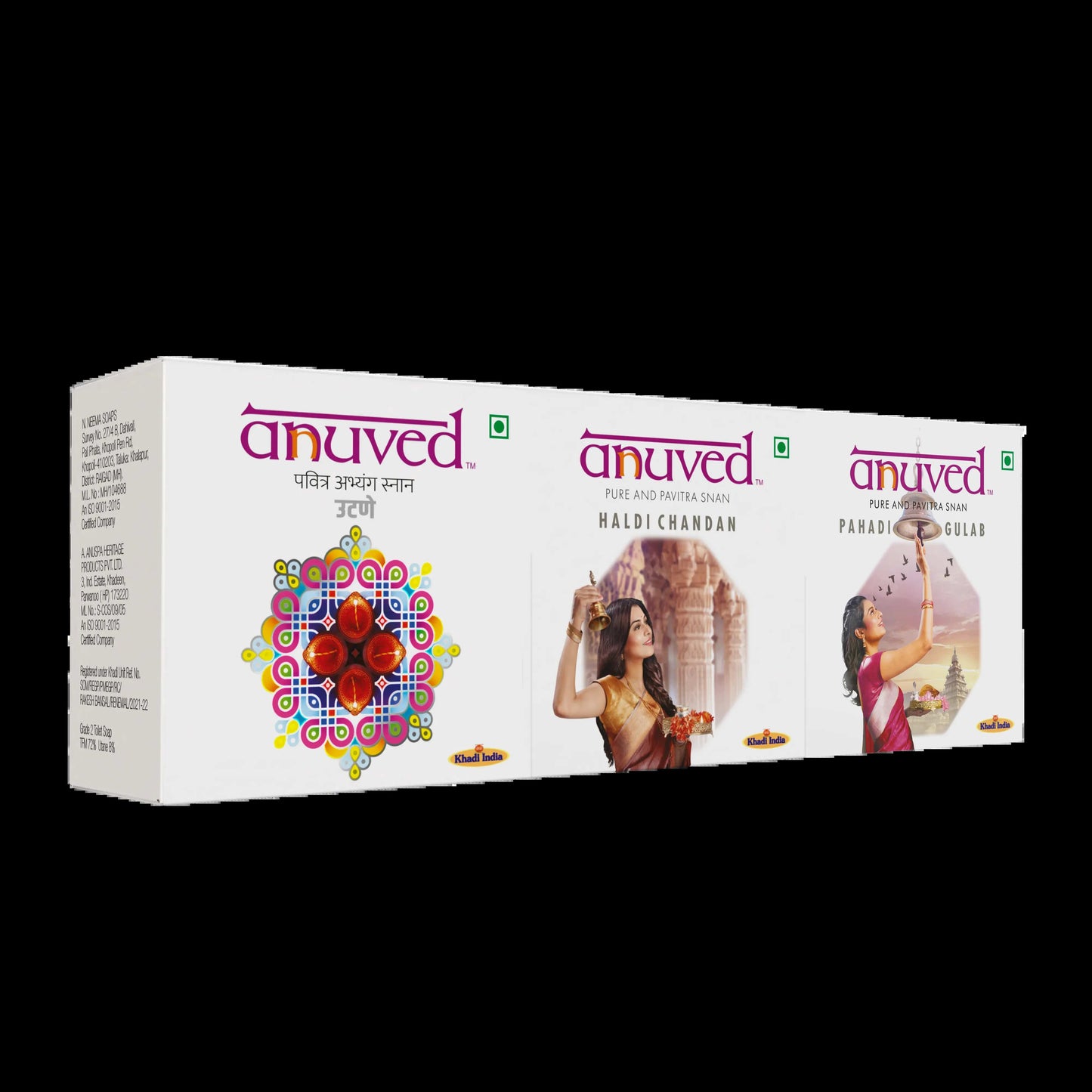 Anuved Skin Care Combo pack contains Utane [Ubtan], Haldi Chandan and Pahadi Gulab [Rose] Soaps - 125g each (Pack of 3)