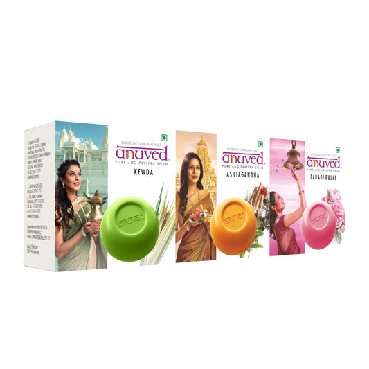 Anuved Fragrance Combo pack consists of Kewda [Fragrant Screw Pine], Ashtagandha (8 herbs), Pahadi Gulab [Rose] Soaps - 125g each (Pack of 3)