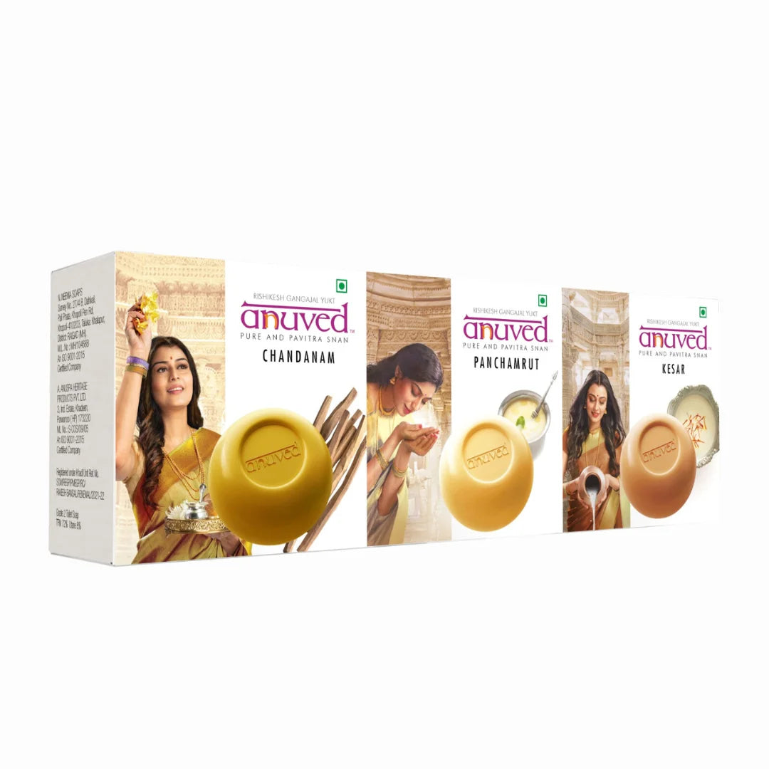 Anuved Moisturising Combo pack contains Chandanam [Sandalwood], Panchamrut & Kesar [Saffron] soaps - 125g each (Pack of 3)