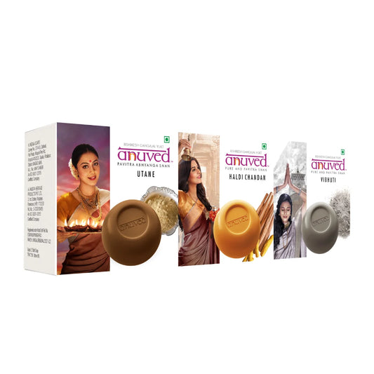 Anuved Natural Scrub Combo  contains Utane [Ubtan], Vibhuti and Haldi Chandan Soaps - 125g each (Pack of 3)