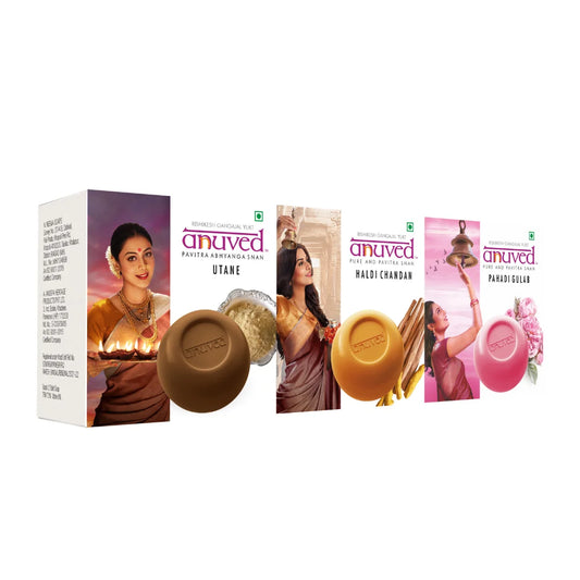 Anuved Skin Care Combo pack contains Utane [Ubtan], Haldi Chandan and Pahadi Gulab [Rose] Soaps - 125g each (Pack of 3)