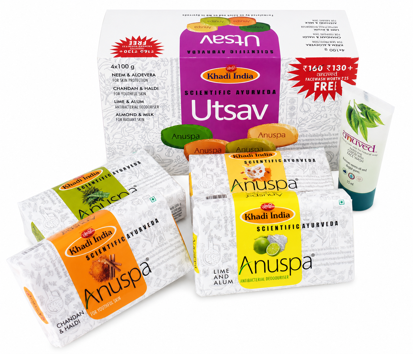 Anuspa Utsav Ayurvedic Soap Combo Pack of 4 (100g Each) with FREE Face Wash | Neem & Aloe Vera, Chandan & Haldi, Lime & Alum & Almond Milk Soaps | 100% Veg | Sulphate & Paraben Free | Mild Plant-Based Bath Soap