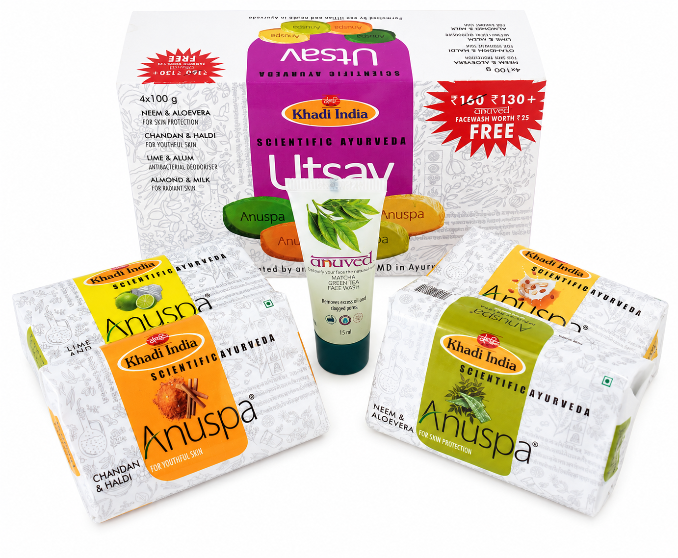 Anuspa Utsav Ayurvedic Soap Combo Pack of 4 (100g Each) with FREE Face Wash | Neem & Aloe Vera, Chandan & Haldi, Lime & Alum & Almond Milk Soaps | 100% Veg | Sulphate & Paraben Free | Mild Plant-Based Bath Soap
