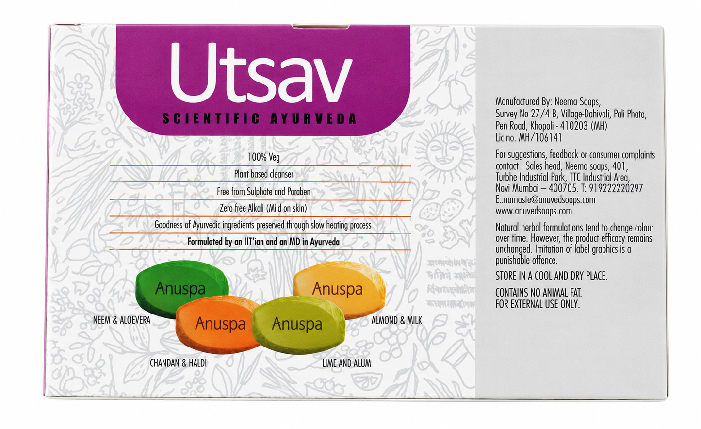 Anuspa Utsav Ayurvedic Soap Combo Pack of 4 (100g Each) with FREE Face Wash | Neem & Aloe Vera, Chandan & Haldi, Lime & Alum & Almond Milk Soaps | 100% Veg | Sulphate & Paraben Free | Mild Plant-Based Bath Soap