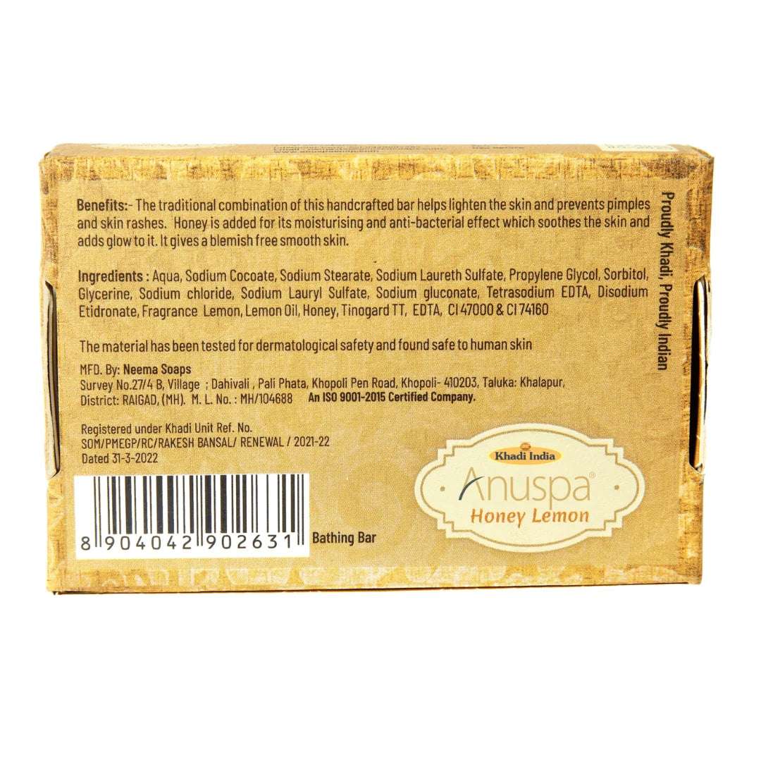 Anuspa Khadi Handcrafted Herbal Honey Lemon Bathing Bar soothes the skin 125gms