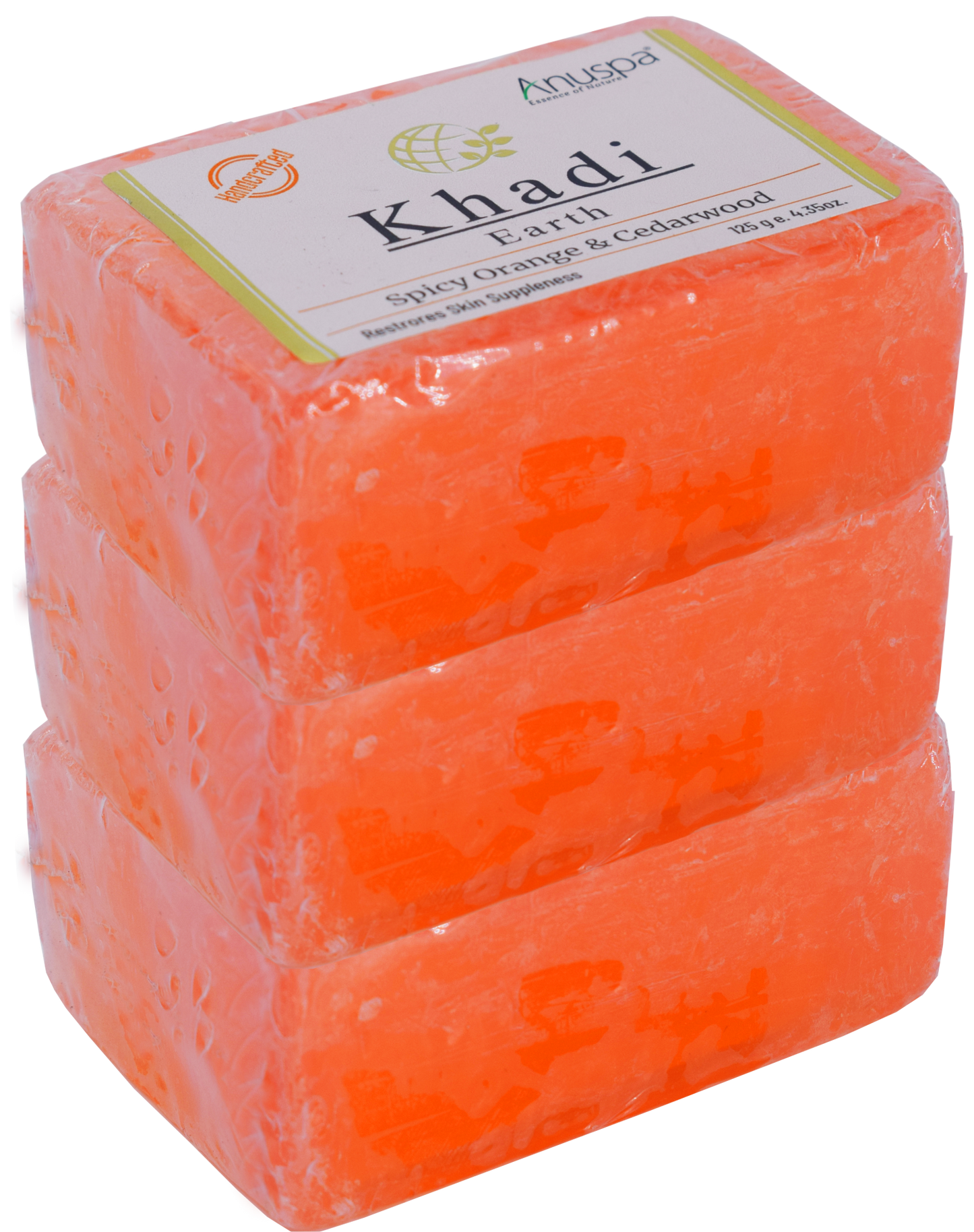 Anuspa Handcrafted Herbal Khadi Earth Spicy Orange & Cedar Wood Bathing Bar restores skin suppleness 125gms