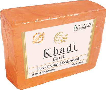 Anuspa Handcrafted Herbal Khadi Earth Spicy Orange & Cedar Wood Bathing Bar restores skin suppleness 125gms