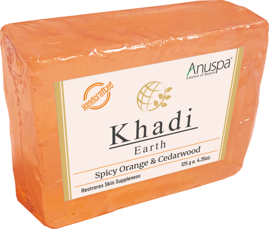 Anuspa Handcrafted Herbal Khadi Earth Spicy Orange & Cedar Wood Bathing Bar restores skin suppleness 125gms