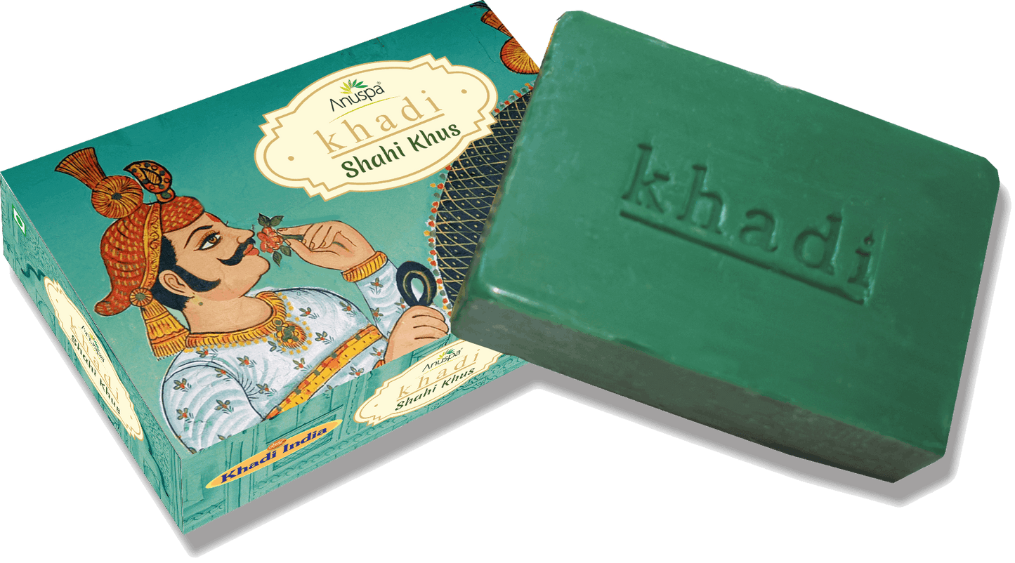 Anuspa Khadi Handcrafted Herbal Shahi Khus [Vetiver] Soap useful for oily skin and acne 125gms each (Pack of 6)