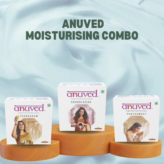 Anuved Moisturising Combo pack contains Chandanam [Sandalwood], Panchamrut & Kesar [Saffron] soaps - 125g each (Pack of 3)