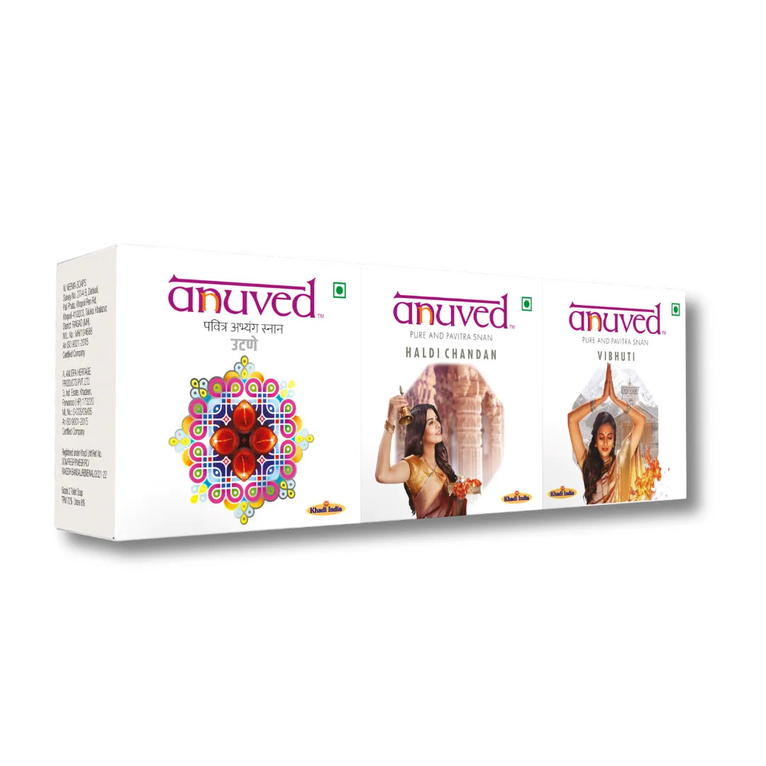 Anuved Natural Scrub Combo  contains Utane [Ubtan], Vibhuti and Haldi Chandan Soaps - 125g each (Pack of 3)
