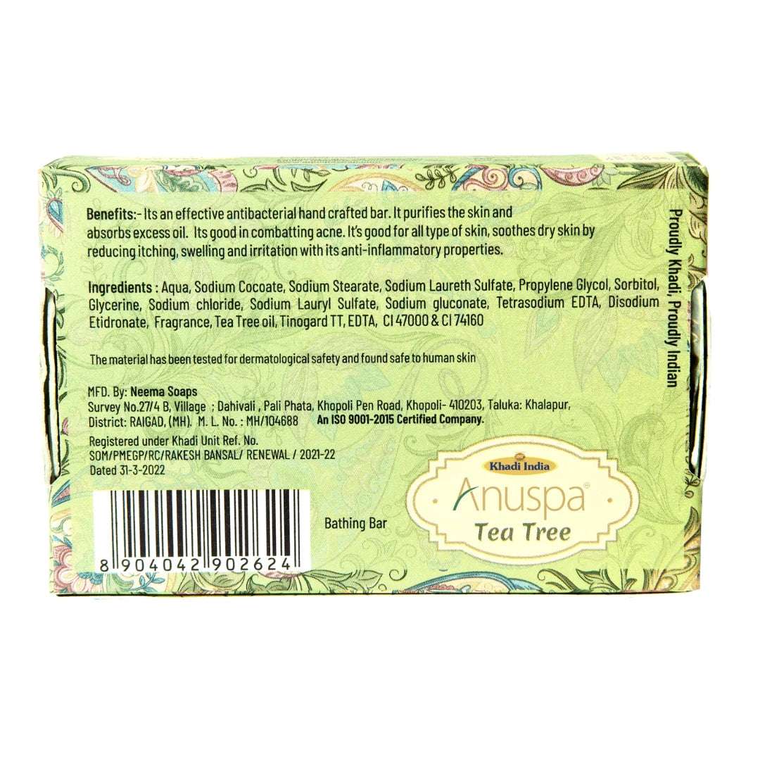 Anuspa Khadi Handcrafted Herbal Tea Tree Bathing Bar purifies the skin 125gms