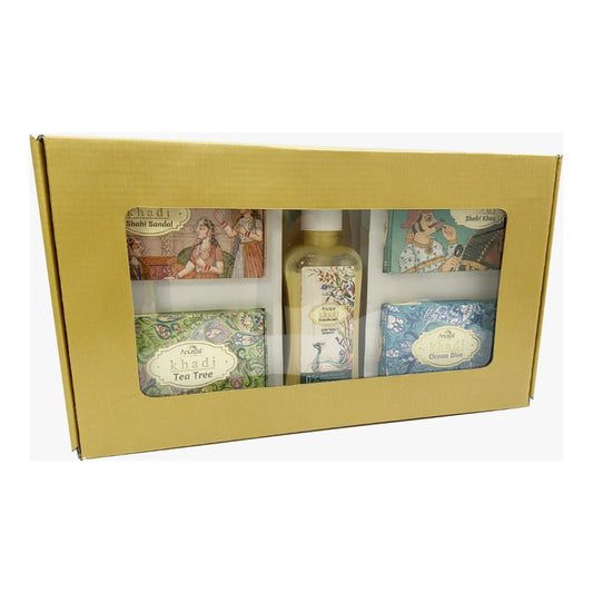 Anuspa Khadi Handcrafted Soaps Gift Set includes Shahi Khus, Shahi Sandal, Tea Tree, Ocean Blue and a Natural Anti-bacterial Handwash.