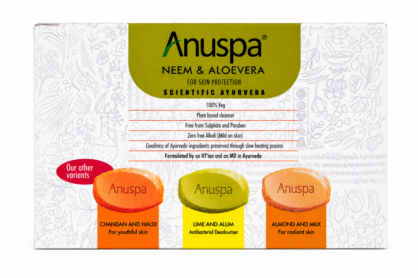 Anuspa Neem & Aloe Vera Soap Pack of 4 (100g Each) | Ayurvedic Bath Soap for Skin Protection | Neem & Aloe Vera Enriched | Suitable for Men & Women