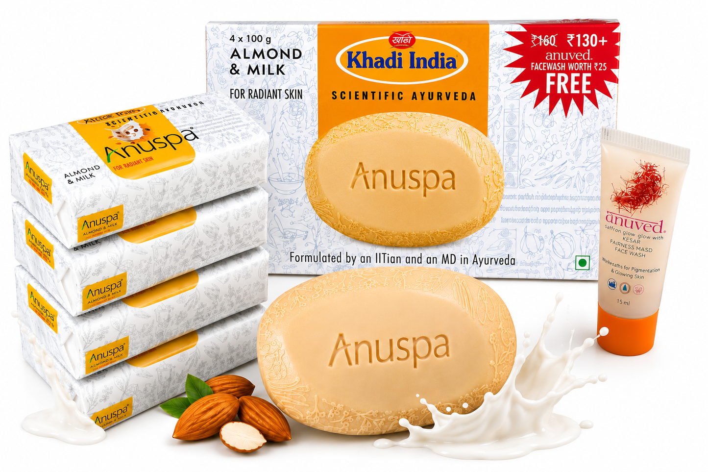 Anuspa ayurveda milk & Almond Pack of 4 | Nourishing & Moisturizing Bath Soap | 125g Each