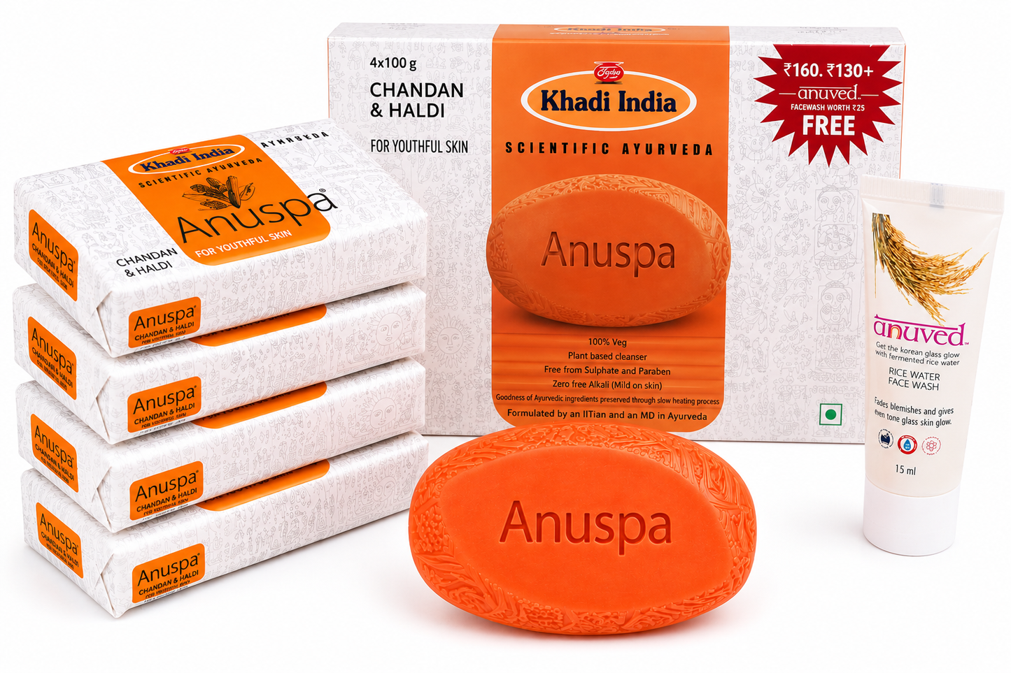 Anuspa Chandan & Haldi Soap Pack of 4 (100g Each) | Ayurvedic Bath Soap for Youthful Skin | Sandalwood & Turmeric Enriched | Suitable for Men & Women