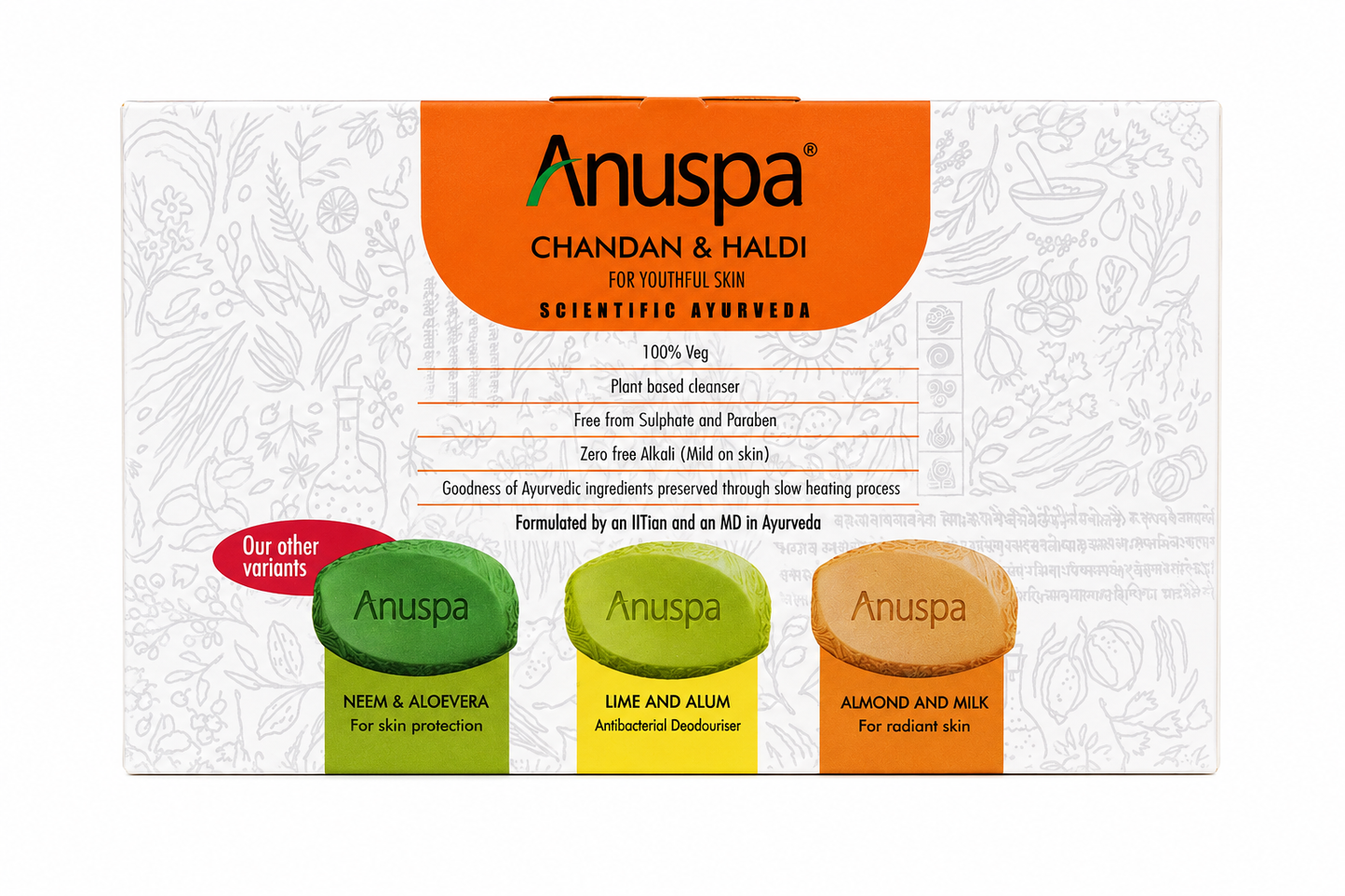 Anuspa Chandan & Haldi Soap Pack of 4 (100g Each) | Ayurvedic Bath Soap for Youthful Skin | Sandalwood & Turmeric Enriched | Suitable for Men & Women