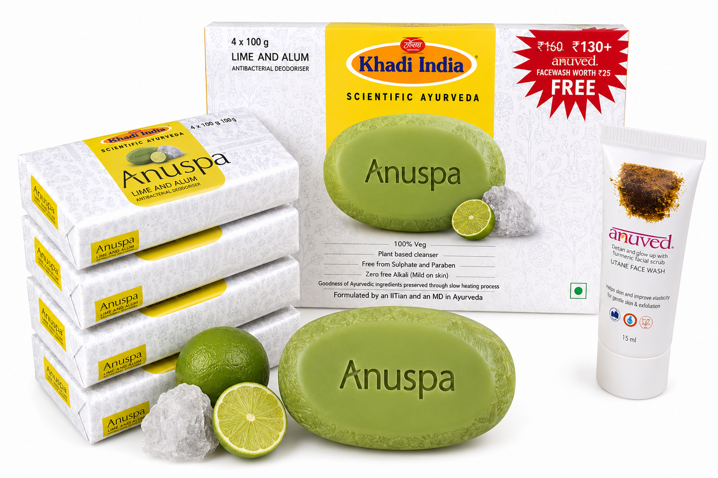 Anuspa Lime & Alum Soap Set of 4 100g Each | Antibacterial Deodoriser Bath Soap | Lime & Fitkari (Alum) | Ayurvedic Soap for Daily Cleansing & Freshness | Suitable for Men & Women