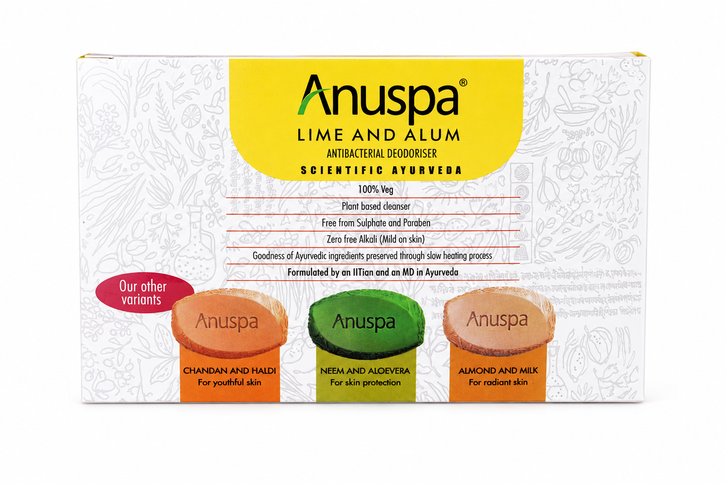 Anuspa Lime & Alum Soap Set of 4 100g Each | Antibacterial Deodoriser Bath Soap | Lime & Fitkari (Alum) | Ayurvedic Soap for Daily Cleansing & Freshness | Suitable for Men & Women