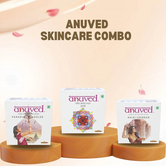 Anuved Skin Care Combo pack contains Utane [Ubtan], Haldi Chandan and Pahadi Gulab [Rose] Soaps - 125g each (Pack of 3)